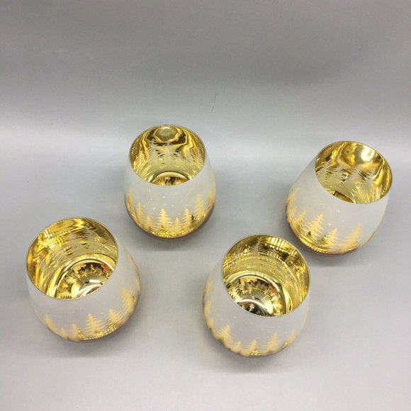 x4 Christmas Gold Pine Trees Stemless Wine Glass Set Frosted Winter Forest Stars - Picture 4 of 9